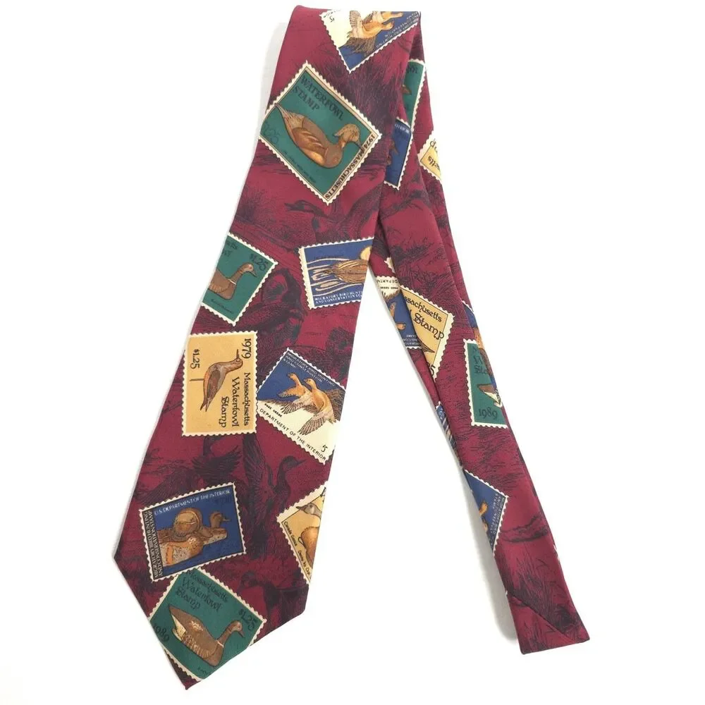 EDDIE BAUER Men's Silk Tie Ducks ITALY HAND‎ PRINTED Vintage USA MADE Hand Sewn
